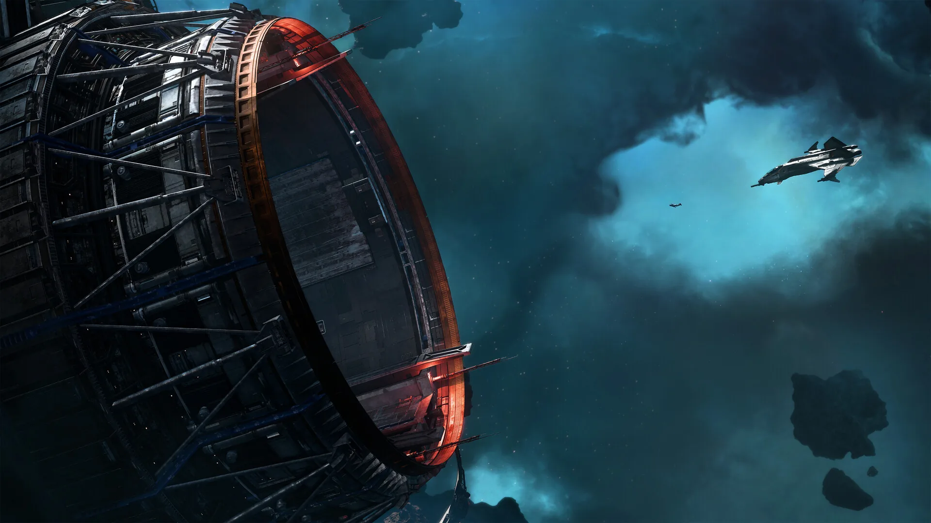 Official Steam screenshot of Squadron 42: a ring station and a fighter in a teal nebula
