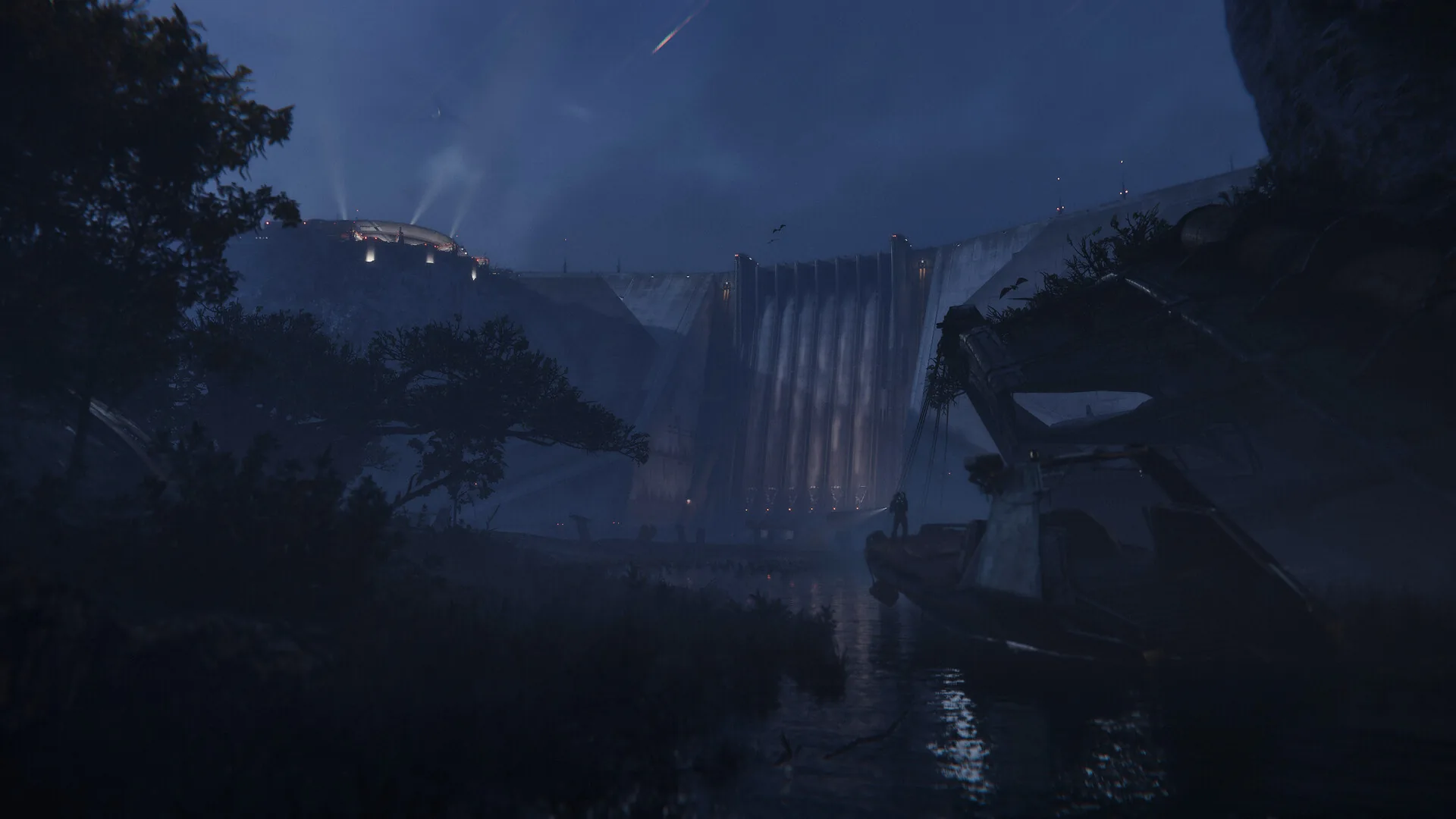 Official Steam screenshot: a night ground scene with a dam and a small boat